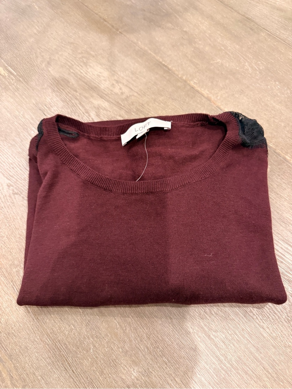 NWT! LOFT Maroon Knit Sweater with Black Lace Sleeve Detail